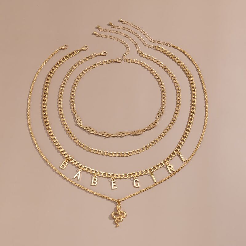 

4pcs Flame & Letter Chain Necklace, Gold