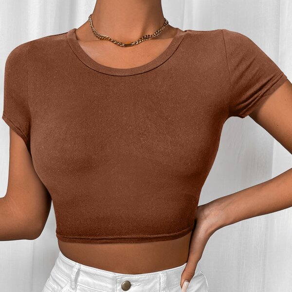 

Scoop Neck Solid Crop Top, Mocha brown