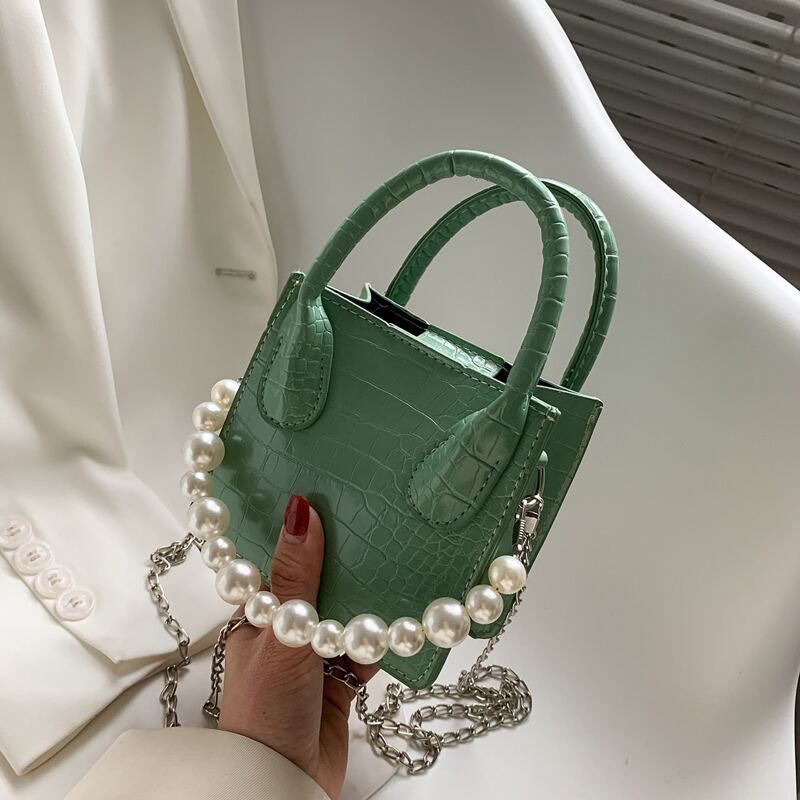 

Mini Faux Pearl Decor Croc Embossed Satchel Bag, Green
