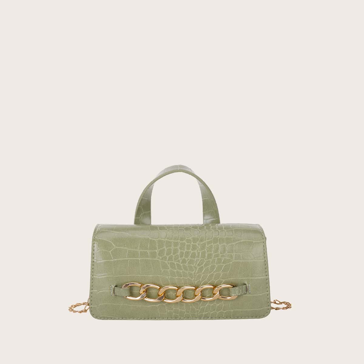 

Chain Decor Croc Embossed Satchel Bag, Green