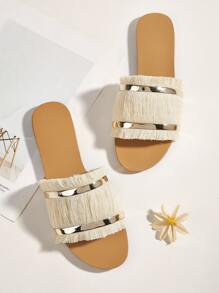 Fringe Decor Slide Sandals - Beige - View 1