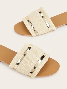 Fringe Decor Slide Sandals - Beige - View 3