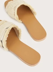 Fringe Decor Slide Sandals - Beige - View 4