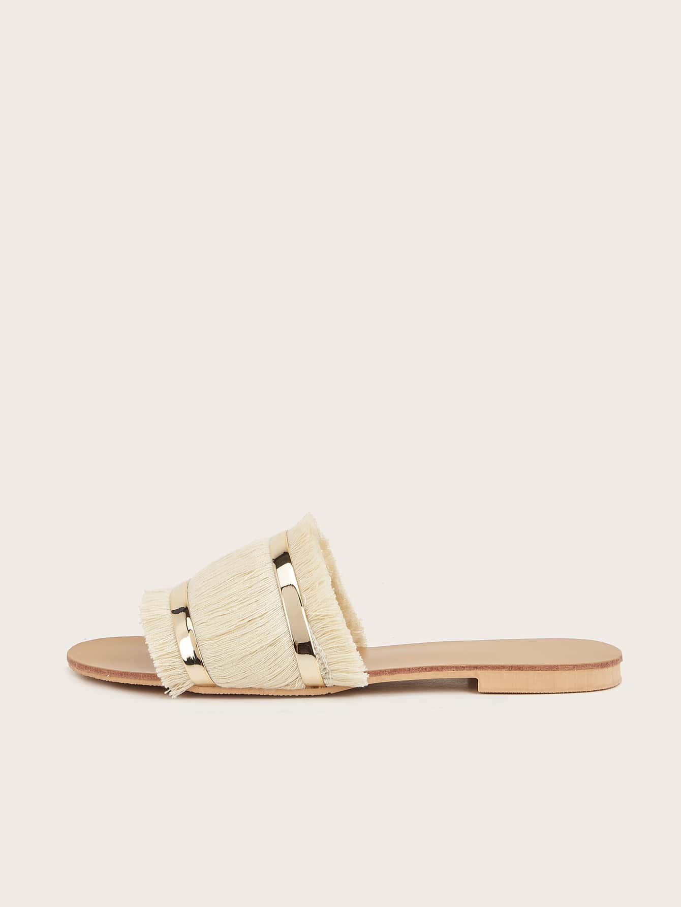 Fringe Decor Slide Sandals - Beige - View 5