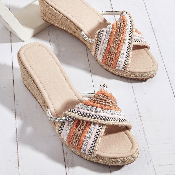 

Plaid Pattern Espadrille Heeled Wedge Mules, Multicolor