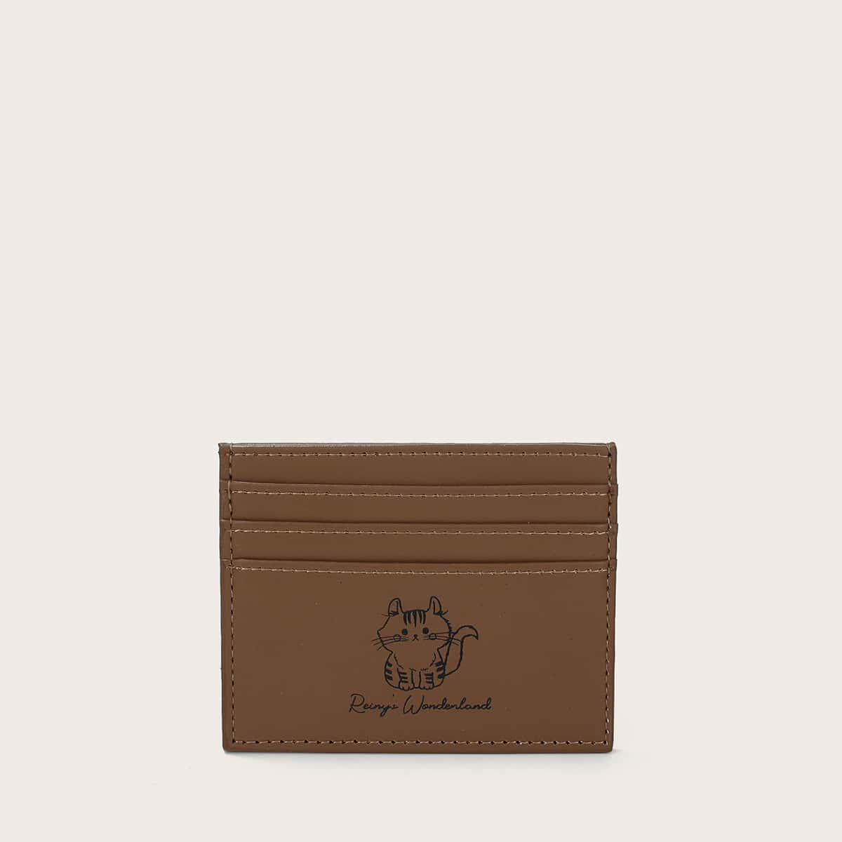 

Cartoon Cat Print Card Holder, Brown