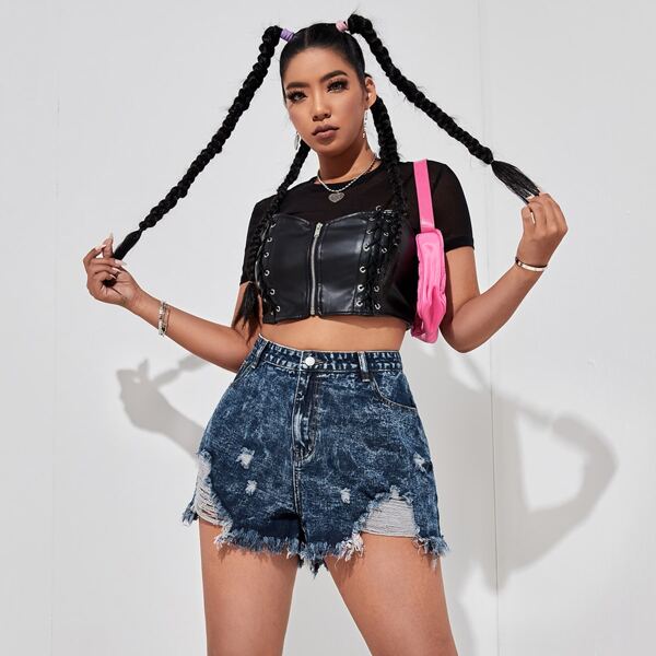 

Plus Ripped Raw Hem Denim Shorts, Dark wash