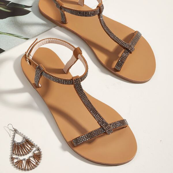 

Rhinestone Decor T-Strap Sandals, Brown