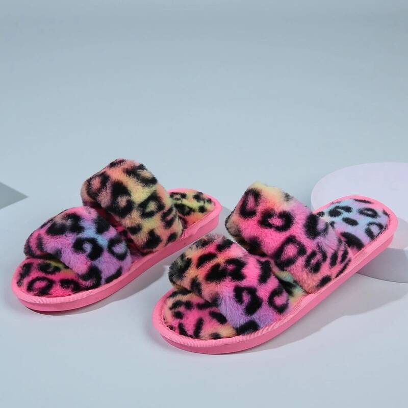 Open Toe Double Band Fluffy Slippers, Multicolor