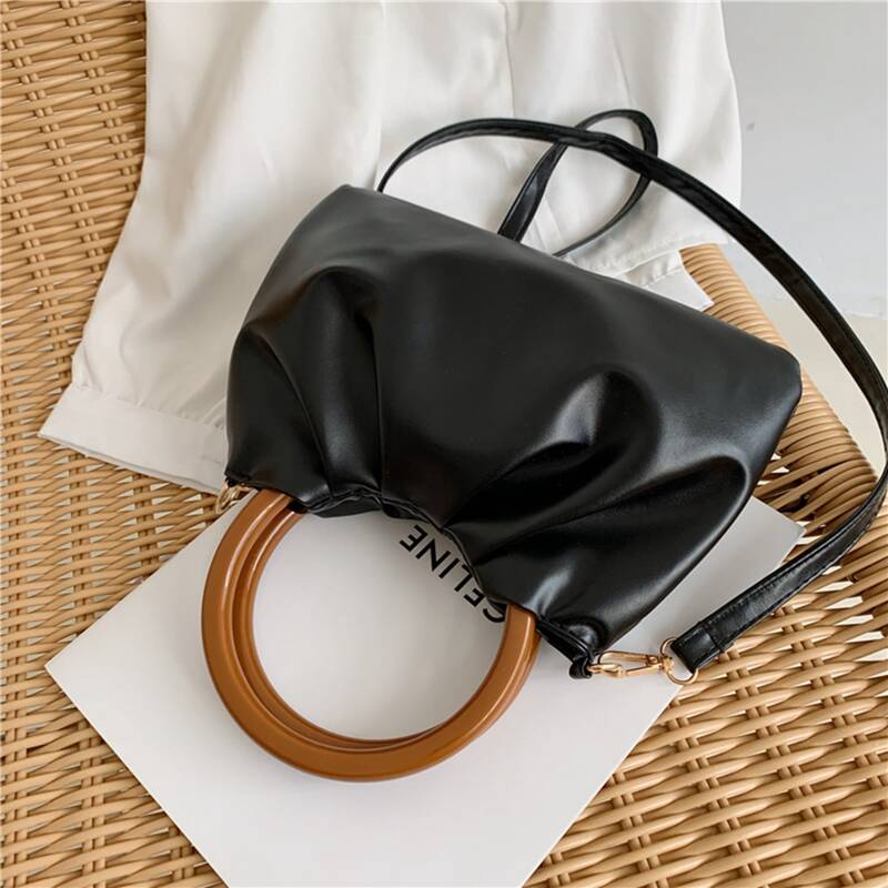 

Round Handle Ruched Bag, Black
