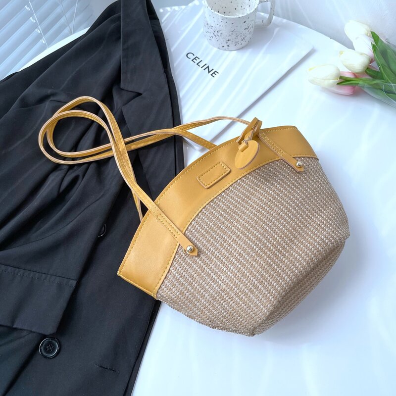 

Two Tone Straw Bucket Bag, Yellow