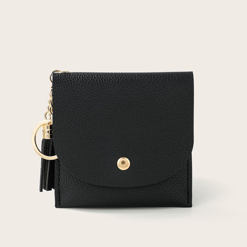 

Tassel Charm Snap Button Small Wallet, Black