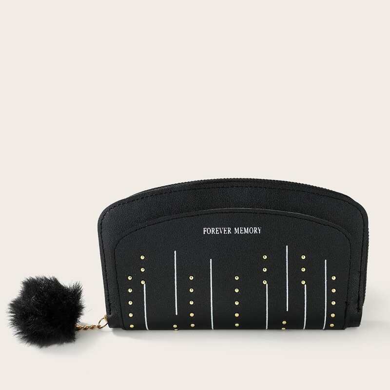 

Pom-pom Charm Studded Decor Long Wallet, Black