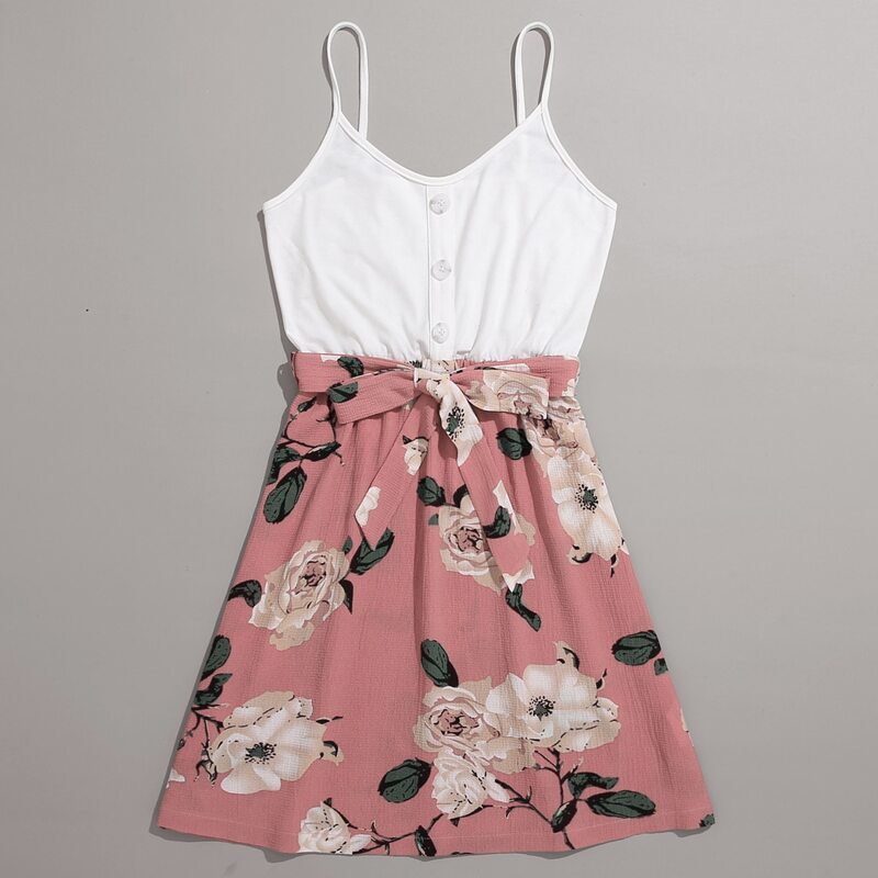 

Floral Print Button Front Belted Cami Dress, Multicolor