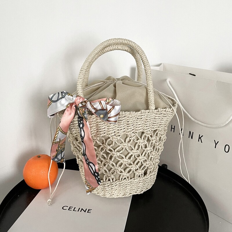 

Twilly Scarf Decor Woven Bucket Bag, Beige