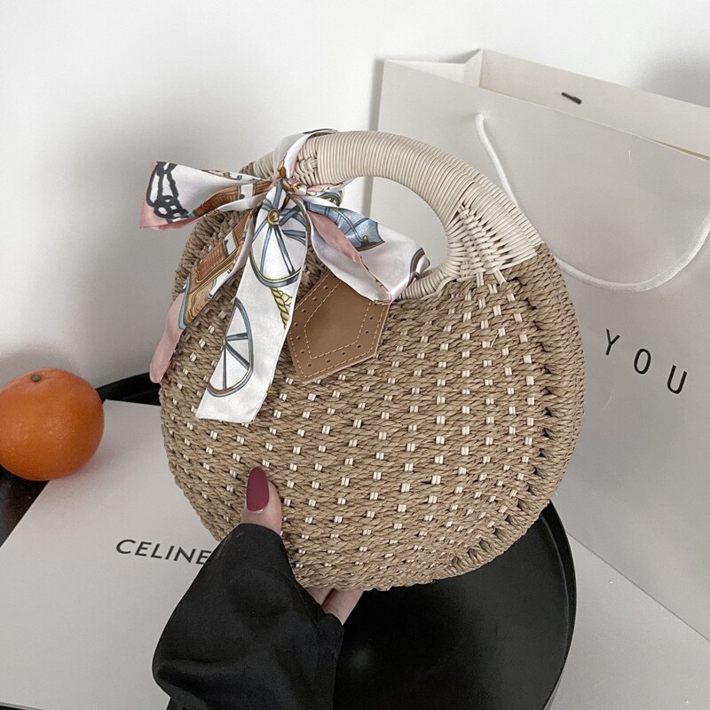 

Twilly Scarf Decor Straw Bag, Coffee brown