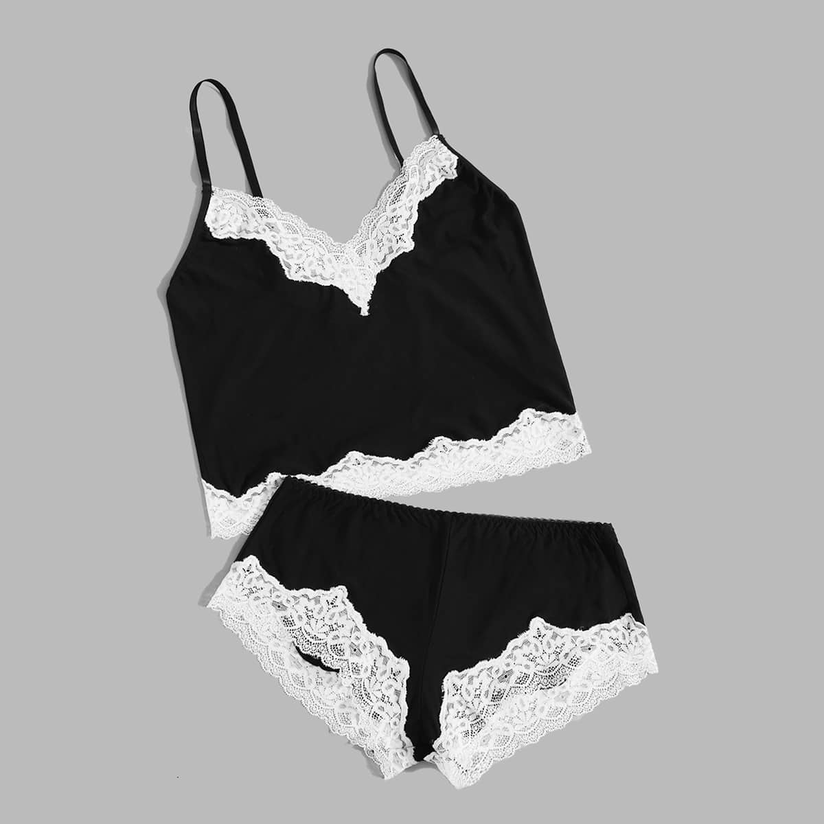

Contrast Lace Lingerie Set, Black