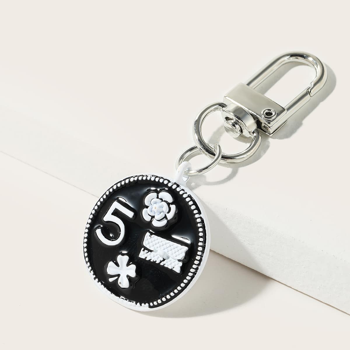 Flower Pattern Round Bag Charm, Black