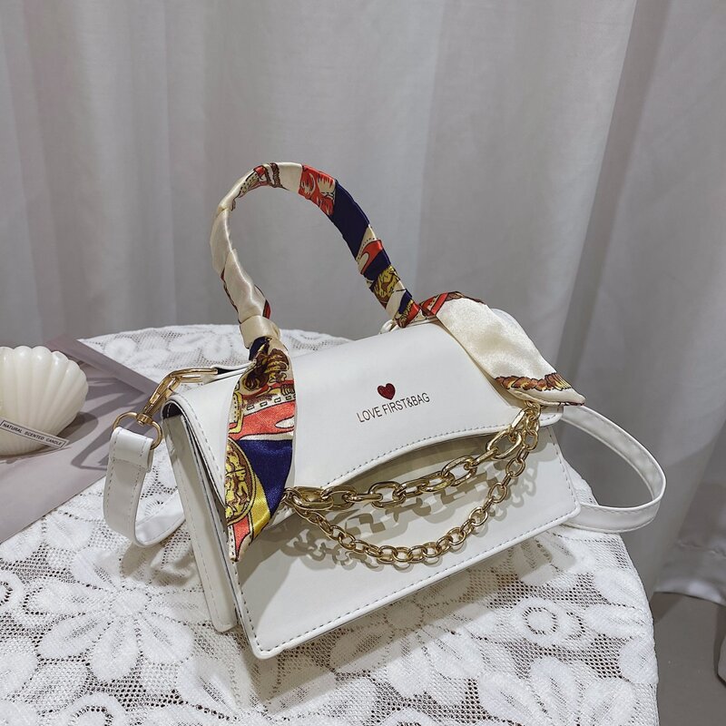 

Twilly Scarf & Chain Decor Satchel Bag, White