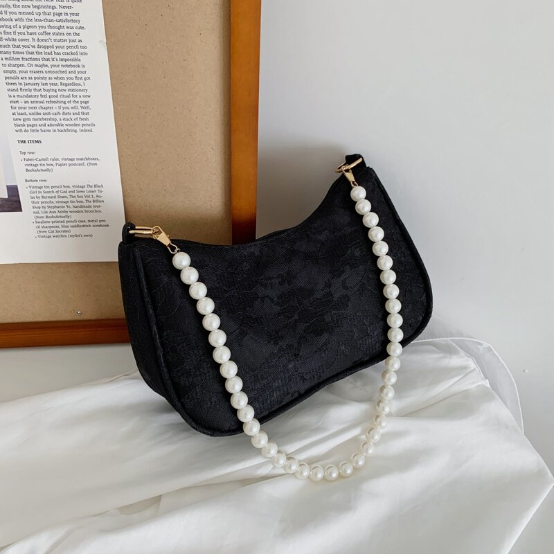 

Floral Lace Baguette Bag, Black