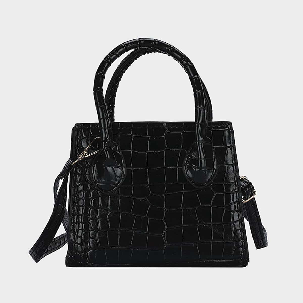 

Croc Embossed Satchel Bag, Black