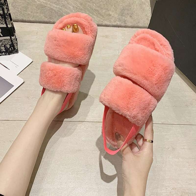 

Double Band Fluffy Slingback Slippers, Coral pink
