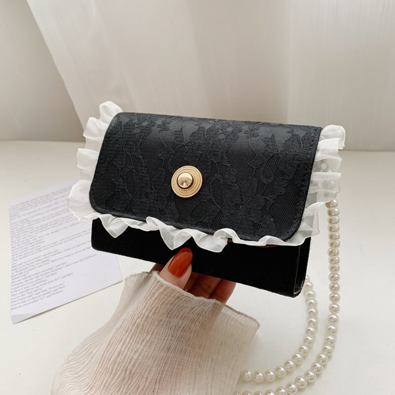 

Frill Trim Floral Lace Crossbody Bag, Black