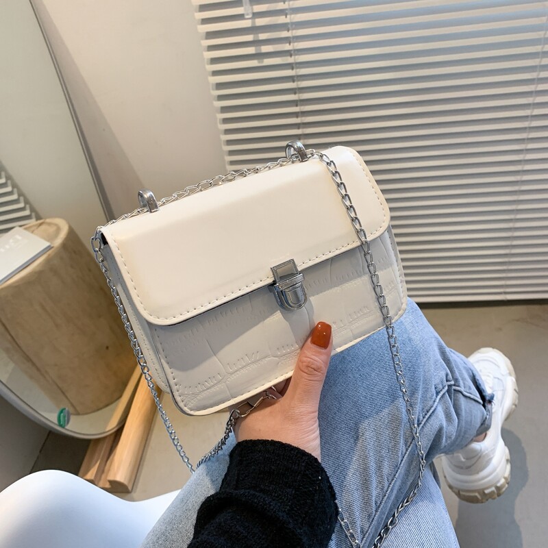 

Croc Embossed Push Lock Chain Bag, White