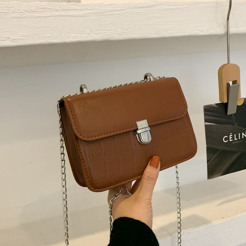 

Croc Embossed Push Lock Chain Bag, Brown