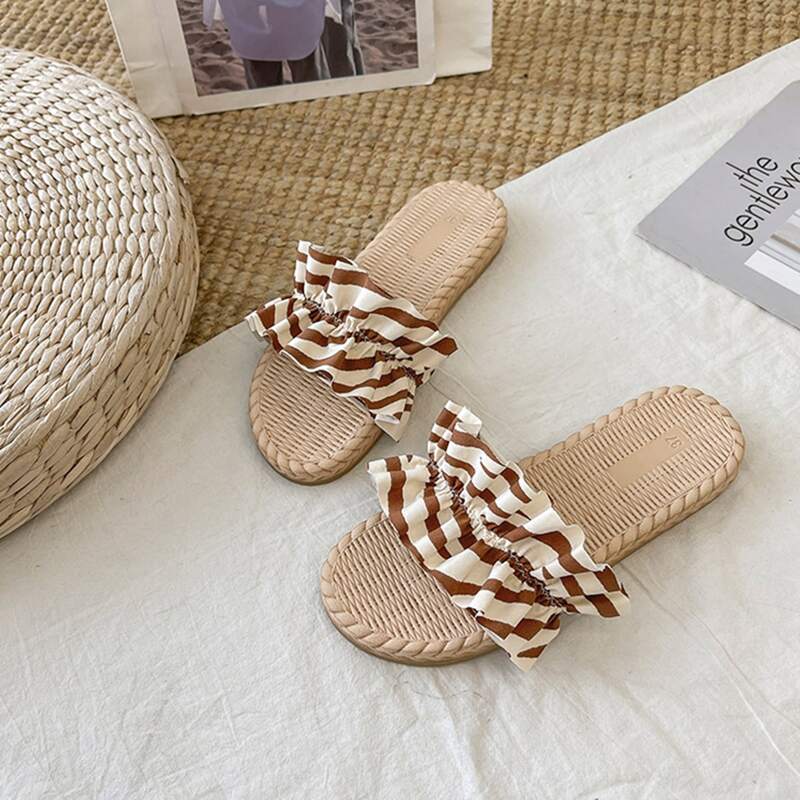 

Striped Ruffle Decor Slide Sandals, Brown