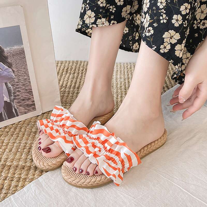 

Striped Ruffle Decor Slide Sandals, Orange