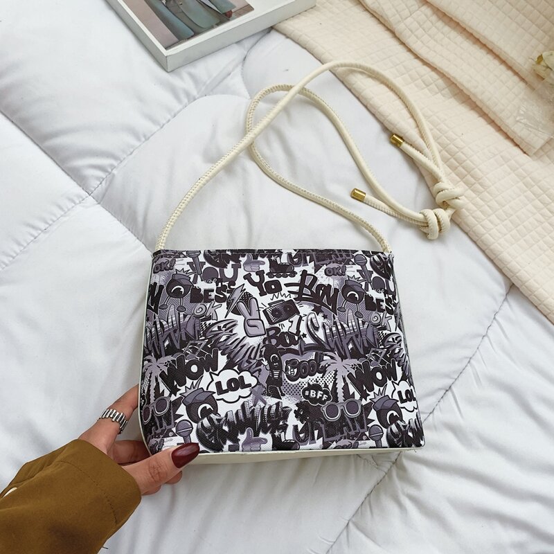 

Cartoon Words Print Shoulder Bag, Black