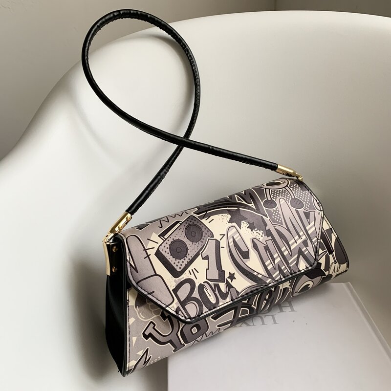 

Cartoon Words Print Shoulder Bag, Grey