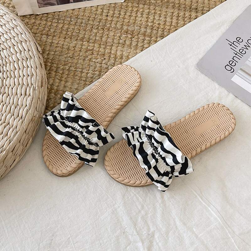 

Striped Ruffle Decor Slide Sandals, Black