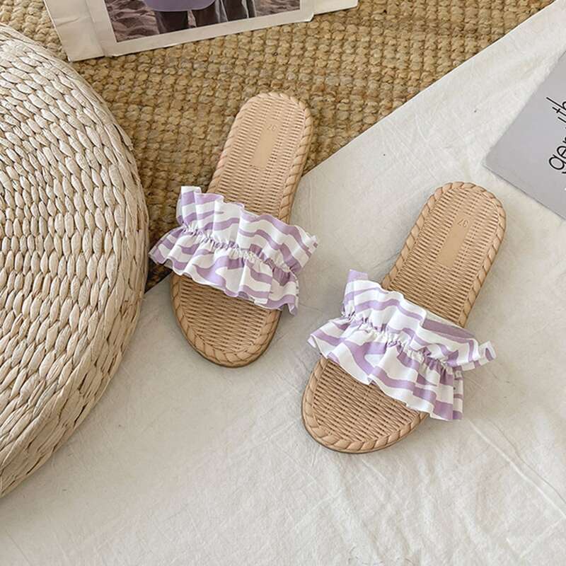 

Striped Ruffle Decor Slide Sandals, Purple
