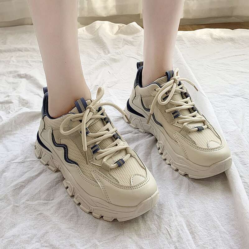 

Lace Up Front Mesh Chunky Sneakers, Beige
