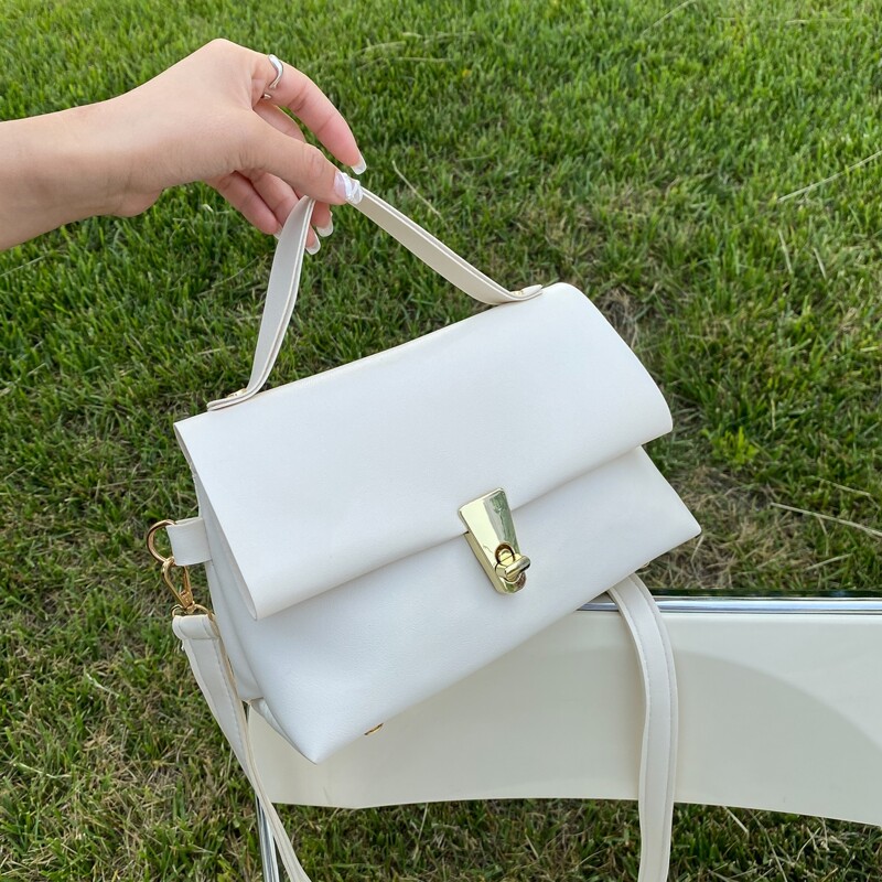 

Turn-lock Flap Satchel Bag, Beige