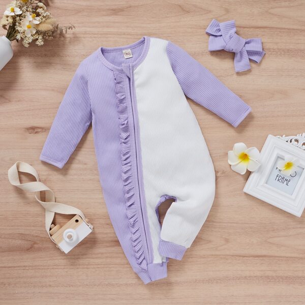 

Baby Colorblock Frill Trim Jumpsuit With Headband, Multicolor