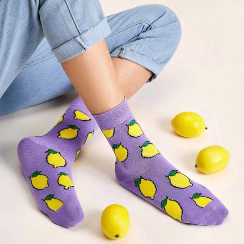 

Lemon Print Crew Socks, Purple