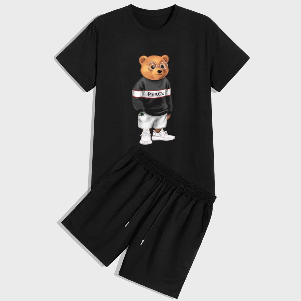 

Guys Bear Print Tee With Drawstring Waist Shorts, Black