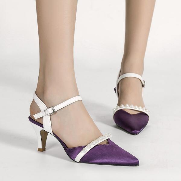 

Faux Pearl Decor Point Toe Pumps, Purple