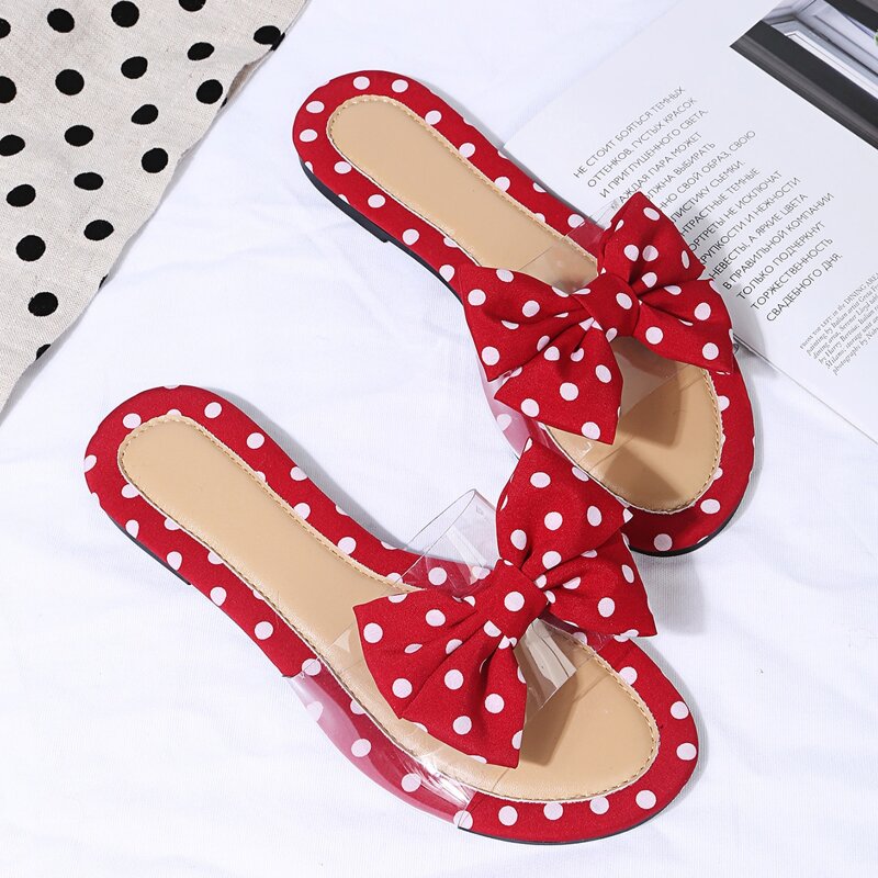 

Polka Dot Bow Decor Slide Sandals, Red
