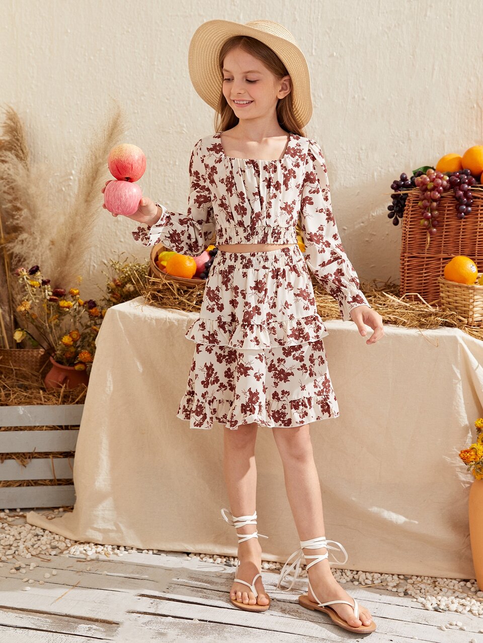 Girls Allover Floral Top With Ruffle Skirt