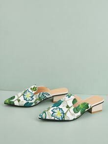 花卉圖案尖頭粗穆勒鞋 - 綠色 - 查看 2