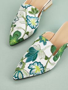 花卉圖案尖頭粗穆勒鞋 - 綠色 - 查看 5