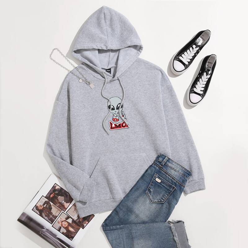 

Kangaroo Pocket Cartoon & Letter Print Hoodie, Grey