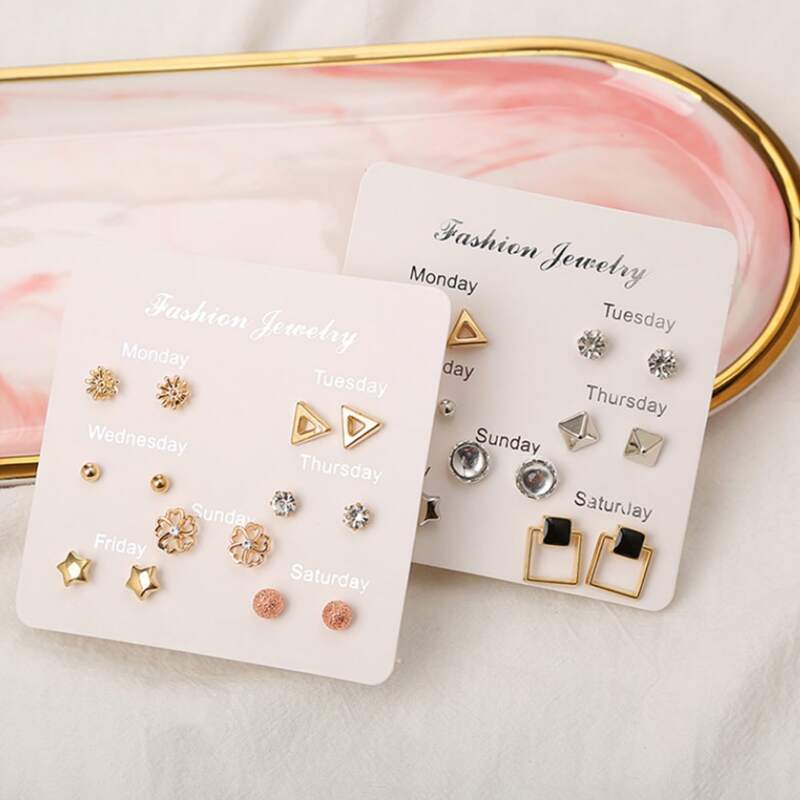

7pairs Geo Stud Earrings, Multicolor