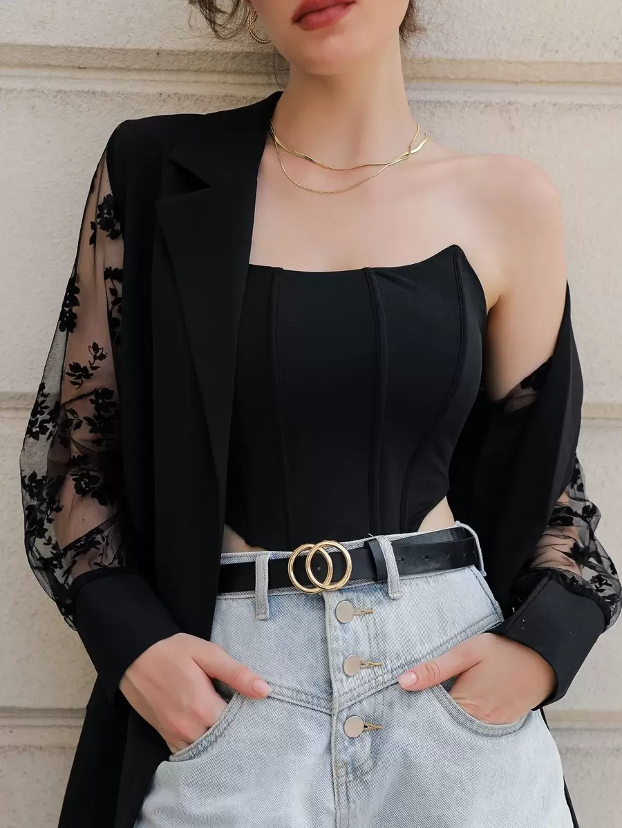 Modelyn Contrast Mesh Sleeve Belted Coat - Black - View 1