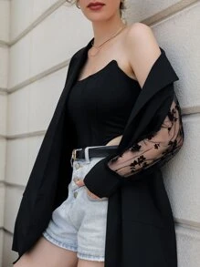 Modelyn Contrast Mesh Sleeve Belted Coat - Black - View 3