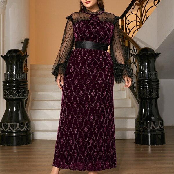 

Plus Contrast Mesh Embroidery Tie Neck Prom Dress, Red violet